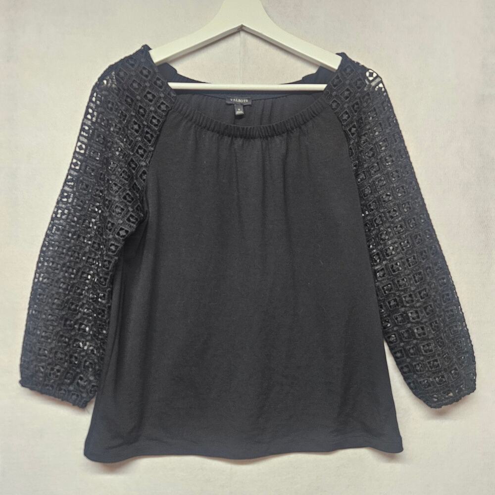 Talbots Women's Black Crochet Blouse 3/4 Sleeve Mesh Knit Top Size S